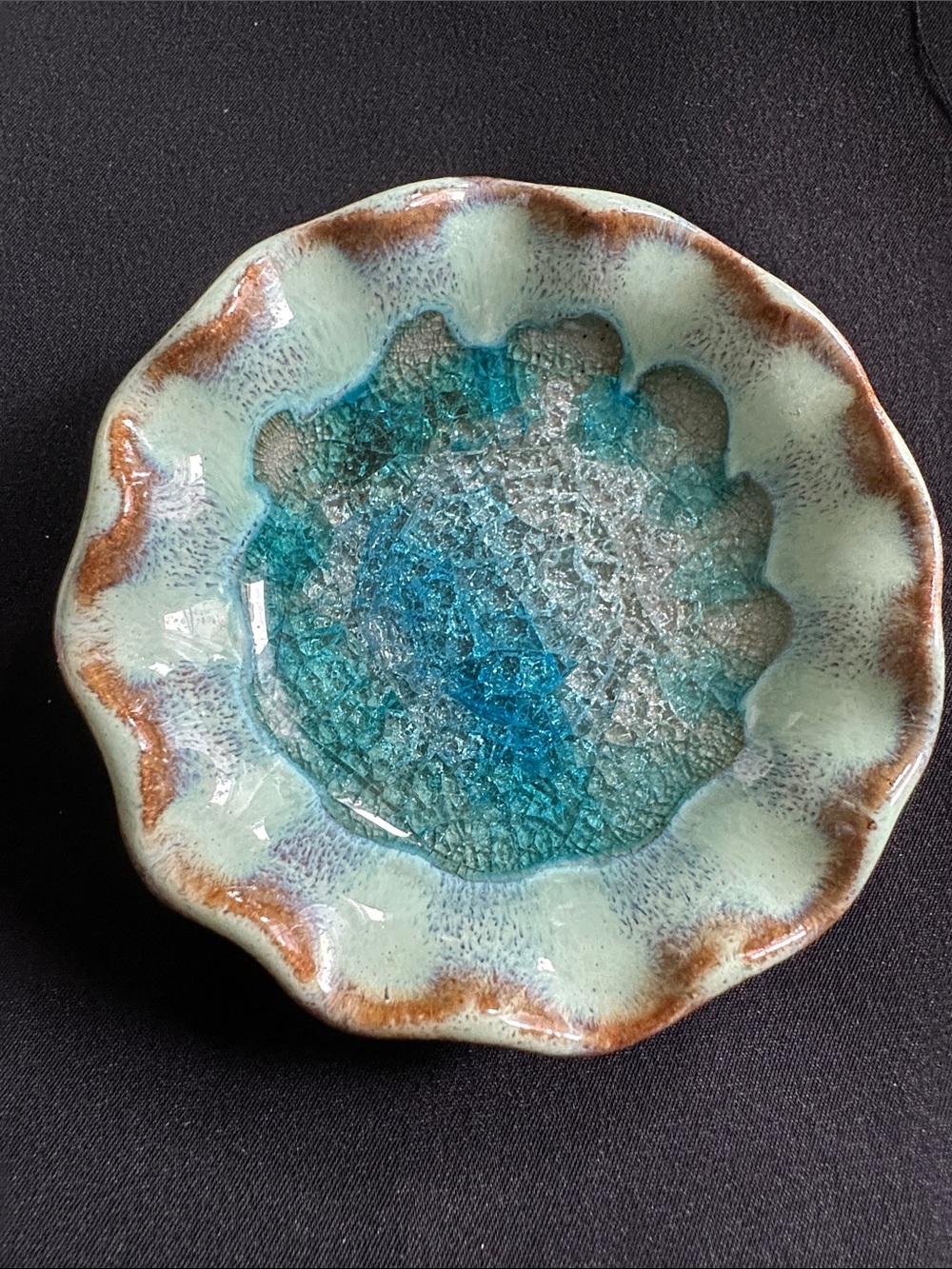 Ceramic dish EUC in greens & blues. Scalloped edges & crackled glass effect
